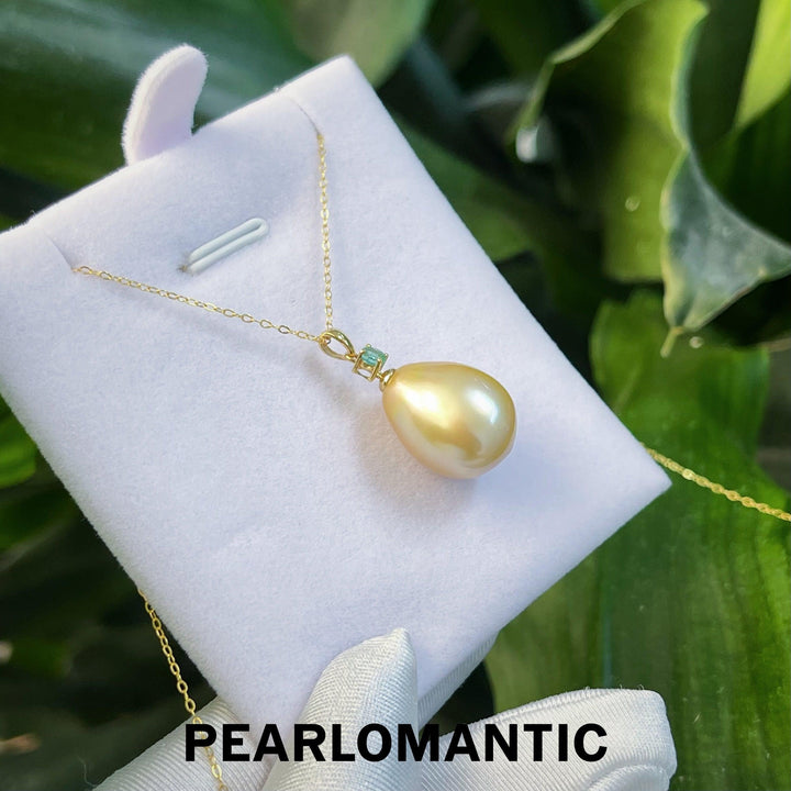 [Fine Jewelry] South Sea Golden Baroque Pearl 13-15mm w/ Emerald 0.1ct & 18k Gold