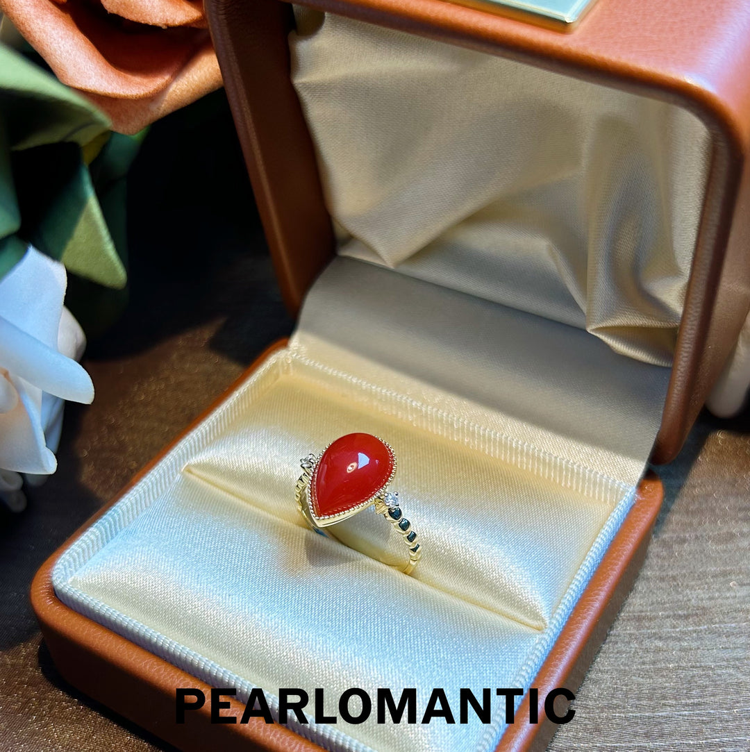 [Fine Jewelry] Red Coral Big Size 3.713ct Perfect Color Ring w/ 14k Gold & Diamonds