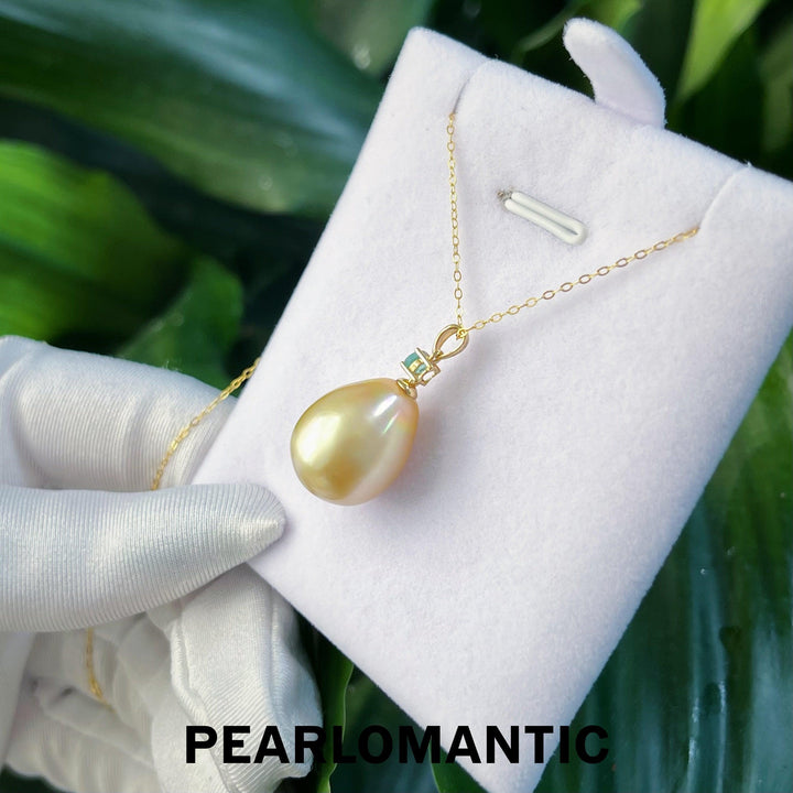 [Fine Jewelry] South Sea Golden Baroque Pearl 13-15mm w/ Emerald 0.1ct & 18k Gold
