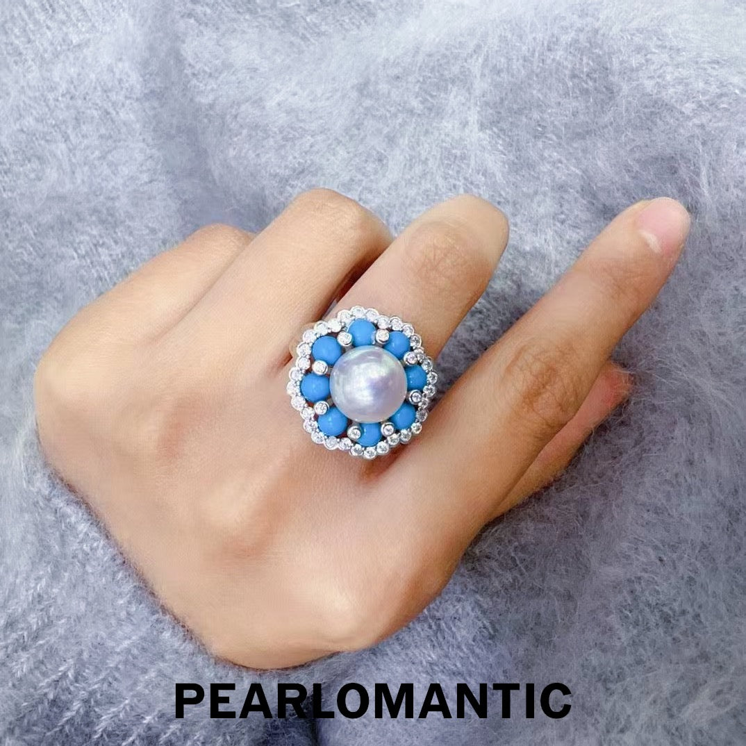 [Designer's Choice] Australian White Pearl & Turquoise Floral Bloom Adjustable Rings