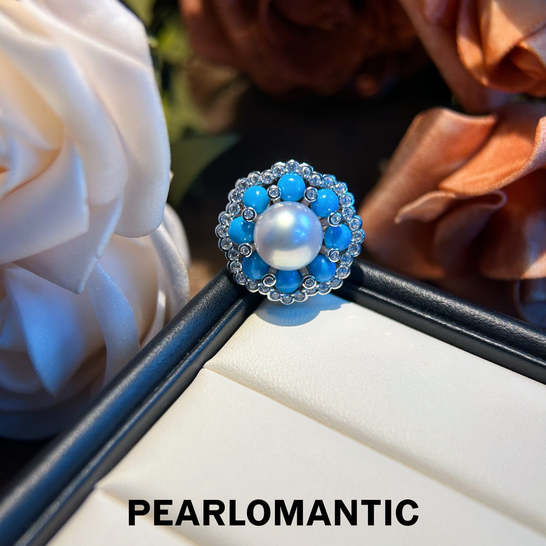 [Designer's Choice] Australian White Pearl & Turquoise Floral Bloom Adjustable Rings