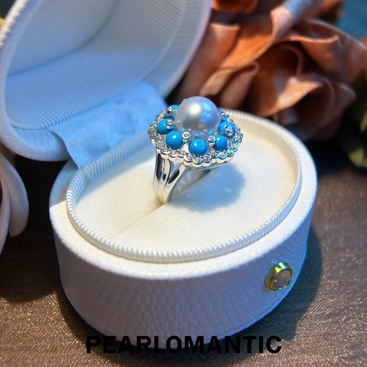 [Designer's Choice] Australian White Pearl & Turquoise Floral Bloom Adjustable Rings