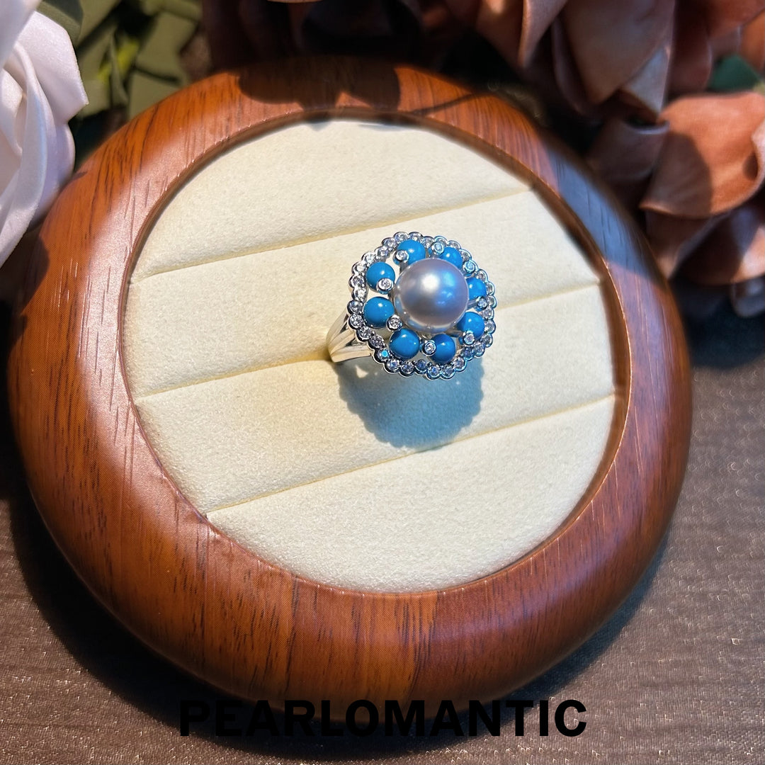 [Designer's Choice] Australian White Pearl & Turquoise Floral Bloom Adjustable Rings