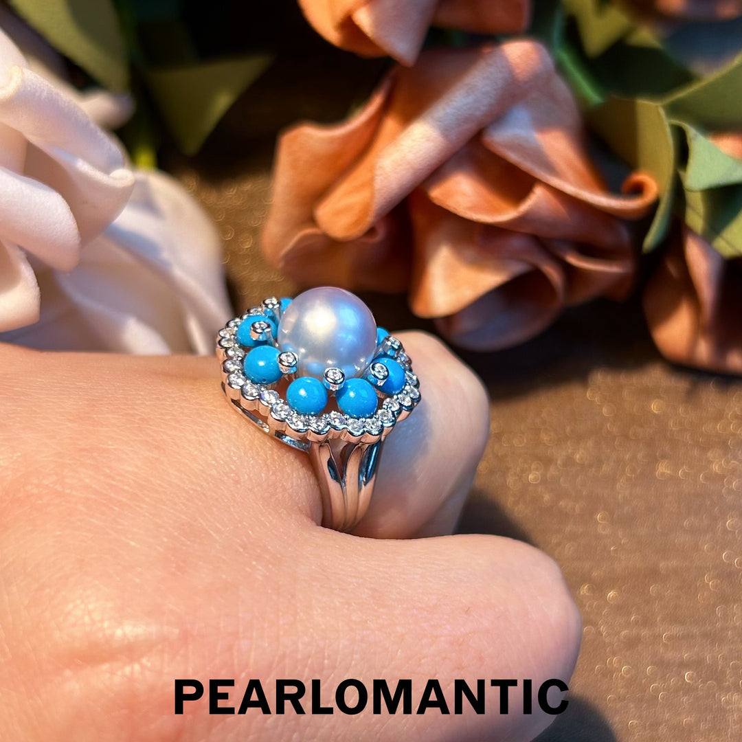 [Designer's Choice] Australian White Pearl & Turquoise Floral Bloom Adjustable Rings