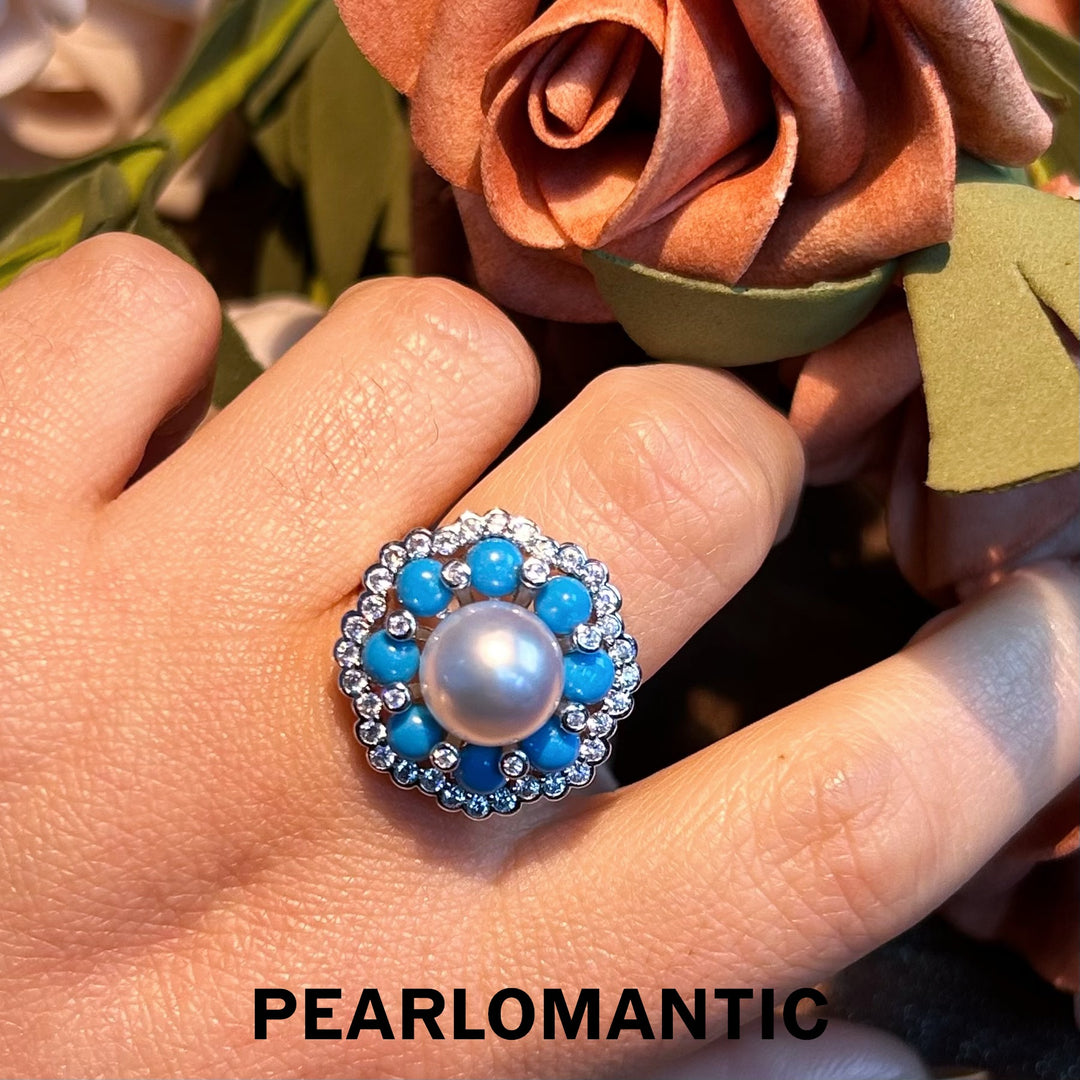 [Designer's Choice] Australian White Pearl & Turquoise Floral Bloom Adjustable Rings