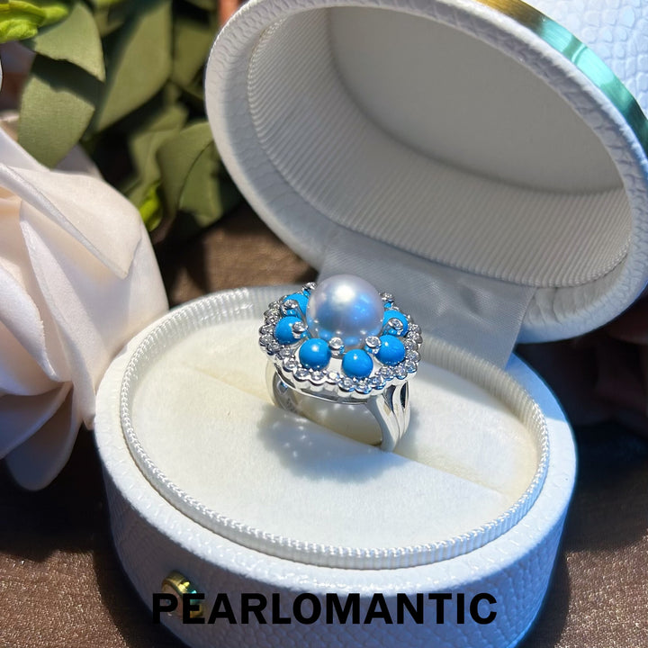 [Designer's Choice] Australian White Pearl & Turquoise Floral Bloom Adjustable Rings