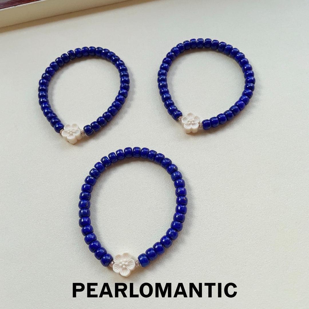 [618 Sale] 6–7mm Lapis Lazuli Bracelet w/ White Flower Accent