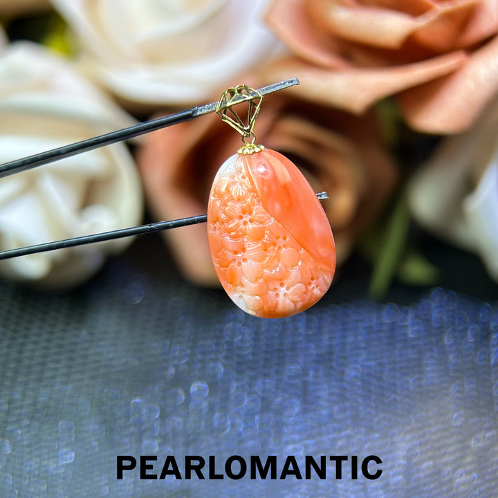 [618 Sale] Japan Made Pink Coral Floral Carved Pendant in 18K Gold