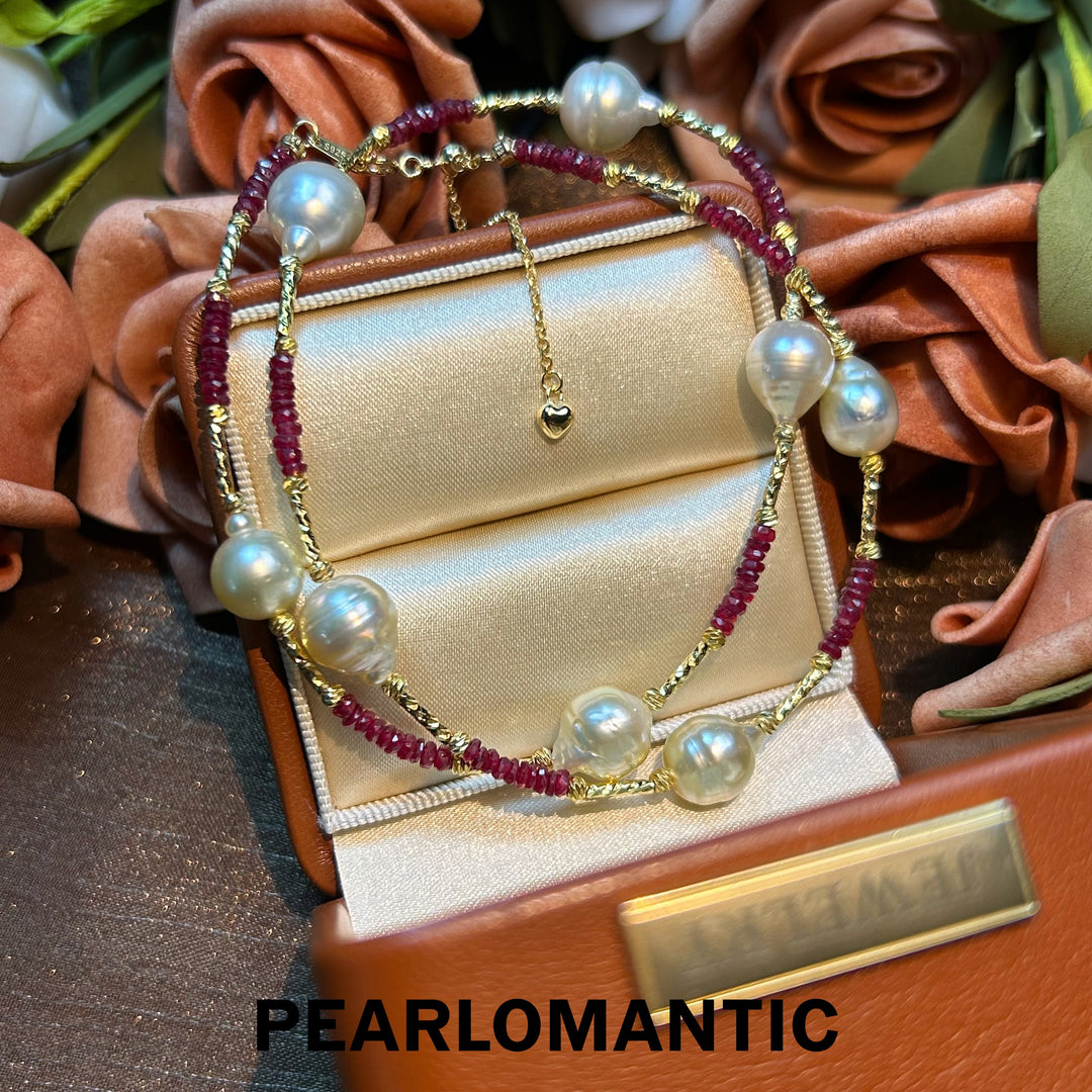[Designer's Choice] South Sea Golden Pearl & Ruby Adjustable Necklaces w/ S925 Silver