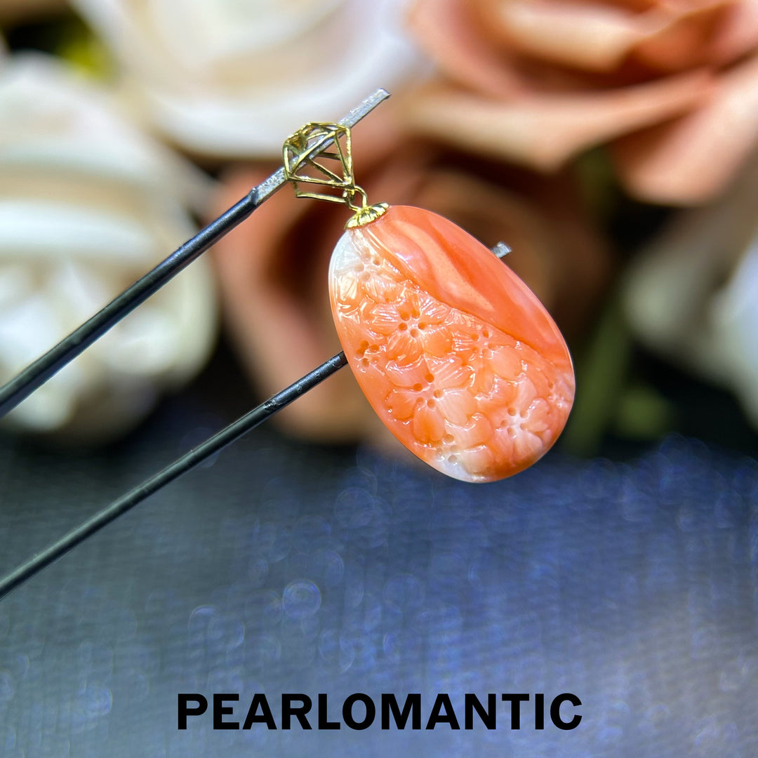 [618 Sale] Japan Made Pink Coral Floral Carved Pendant in 18K Gold