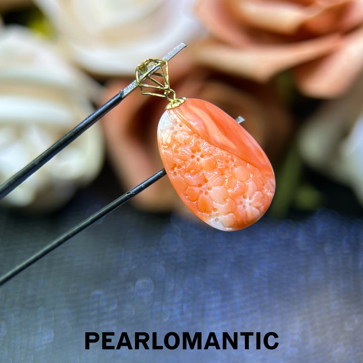[618 Sale] Japan Made Pink Coral Floral Carved Pendant in 18K Gold