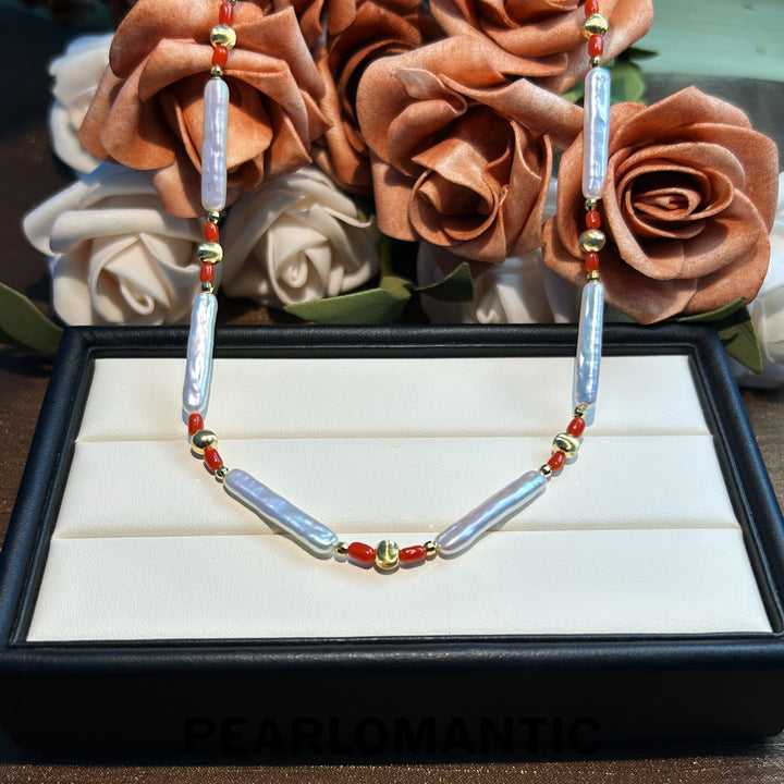 [Designer's Choice] Freshwater Pearl & Coral Scarlet Harmony Necklaces w/ S925 Silver