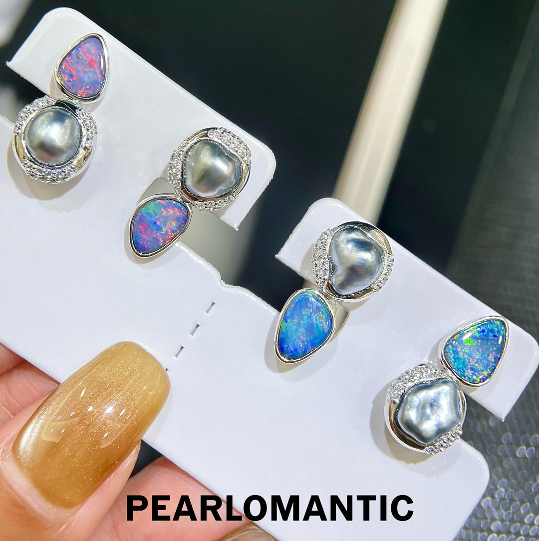 [Designer's Choice] Australian Opal Teardrop & Tahitian Keshi Pearl S925 Artisan Earrings