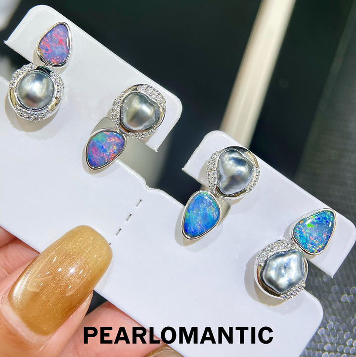 [Designer's Choice] Australian Opal Teardrop & Tahitian Keshi Pearl S925 Artisan Earrings