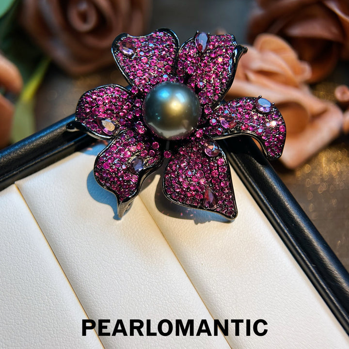 [Designer's Choice] Tahitian Platinum Gray Rare Color Pearl Dark Rose Brooches