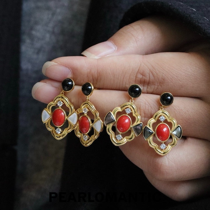 [Designer’s Choice] Coral Court Italian Coral Black Onyx MOP S925 Gold-Plated Earrings