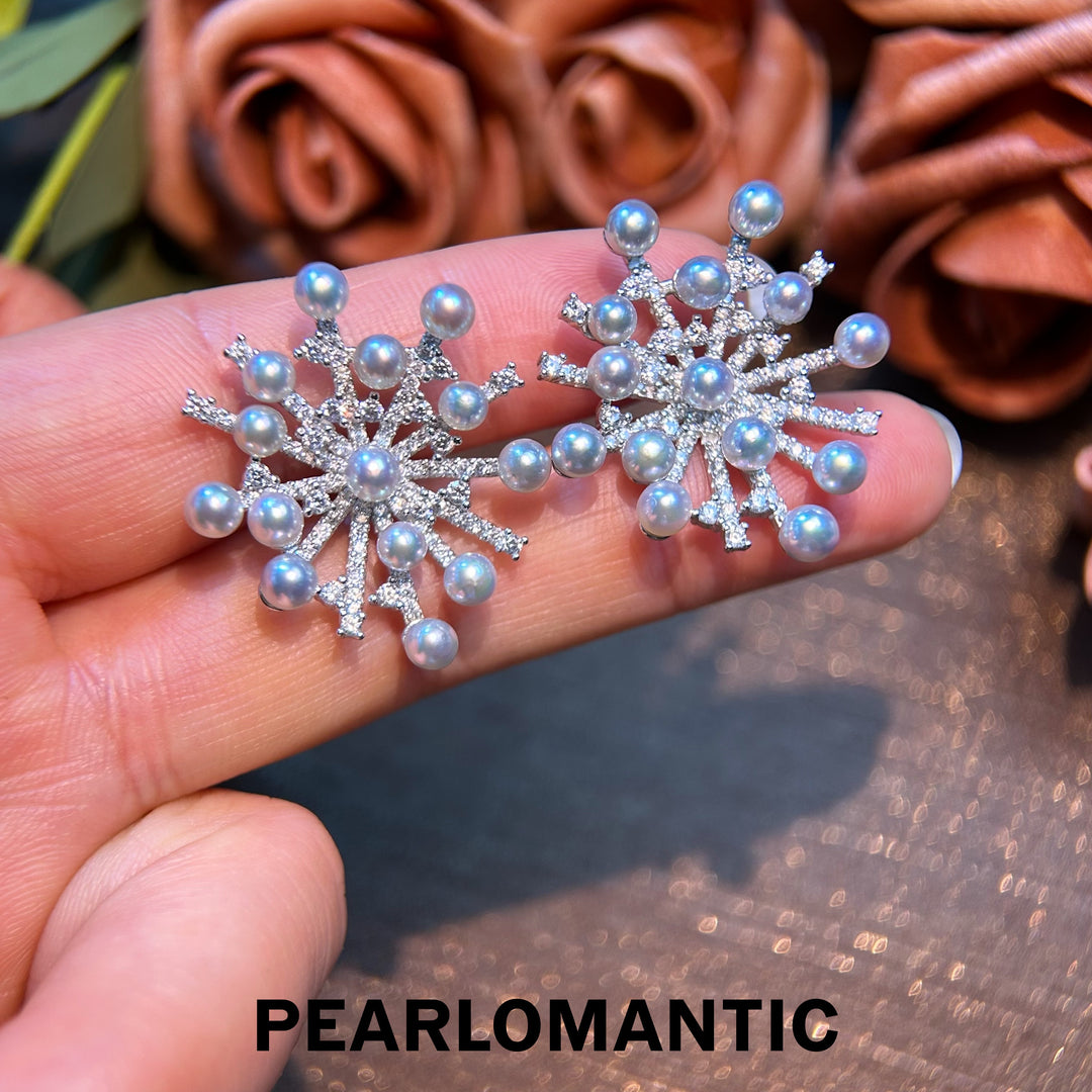 [Everyday Essentials] Akoya Pearl Silver Blue Snowflake Fireworks Earring Studs