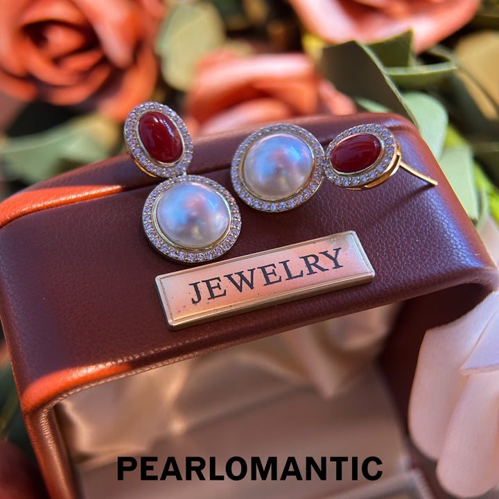 [Designer's Choice] Aka Coral 1.6ct & Saltwater Mabe Pearl Earring Studs