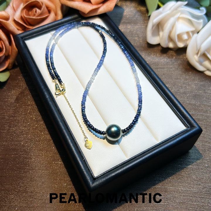 [Designer's Choice] Sapphire & Tahitian Black Pearl (4A+ Peacock Green) Adjustable Necklace