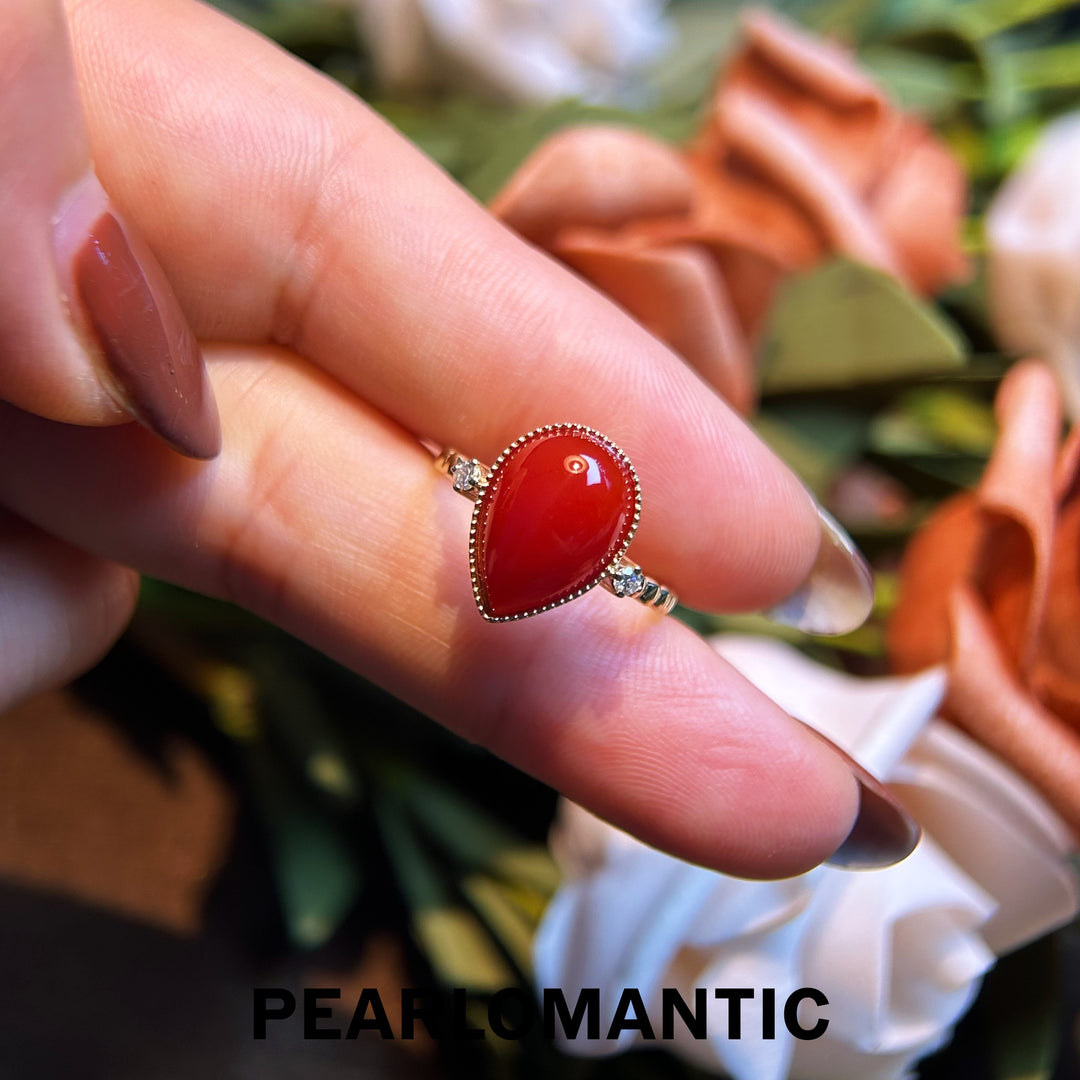 [Fine Jewelry] Red Coral Big Size 3.713ct Perfect Color Ring w/ 14k Gold & Diamonds