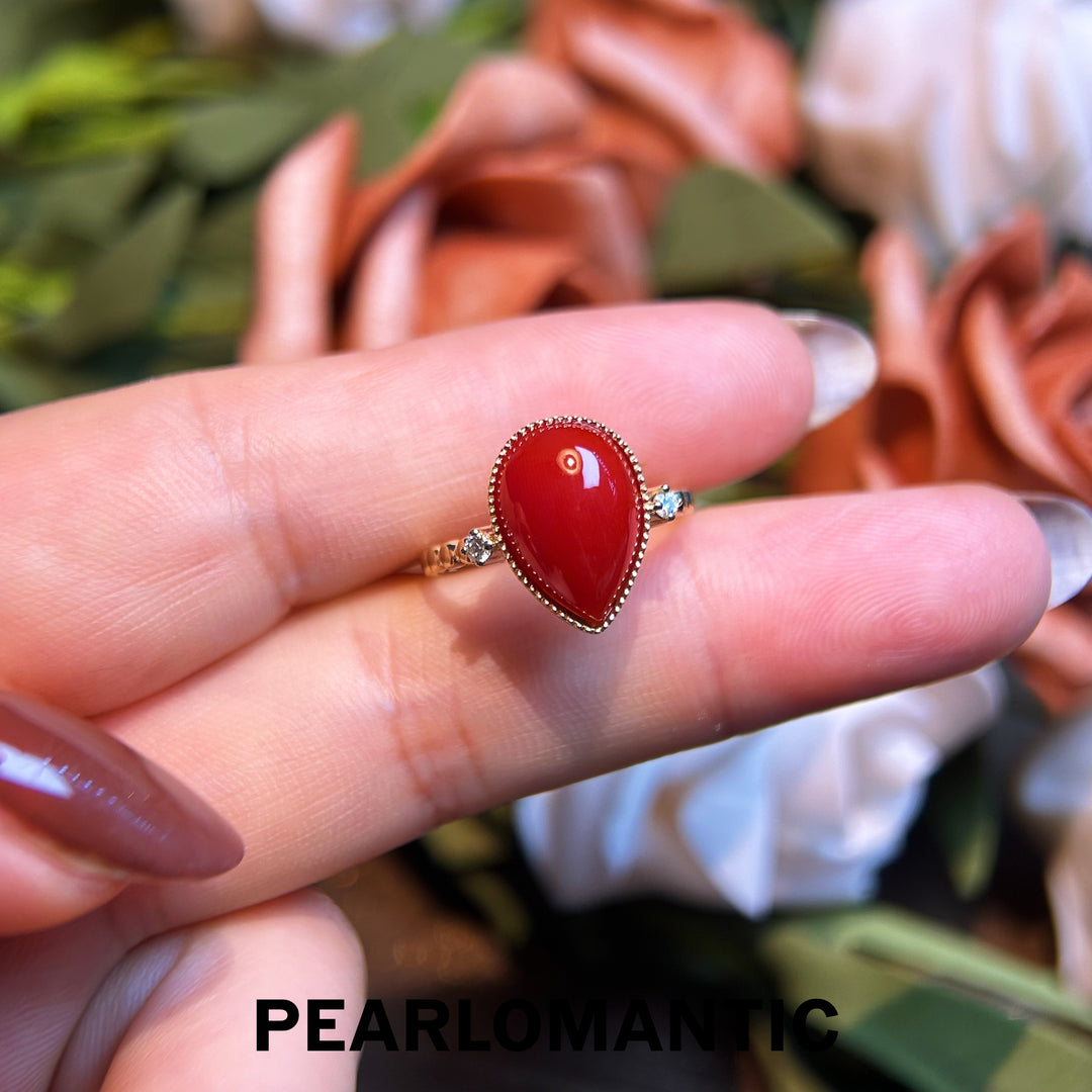 [Fine Jewelry] Red Coral Big Size 3.713ct Perfect Color Ring w/ 14k Gold & Diamonds