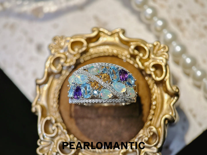 [618 Sale] Natural Opal Multi Gem Wide Band Ring w/ S925 Silver