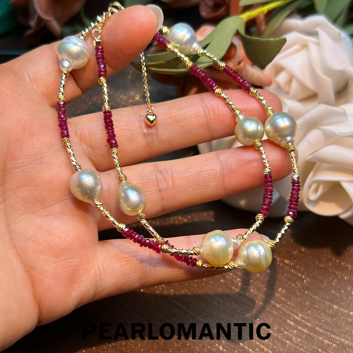 [Designer's Choice] South Sea Golden Pearl & Ruby Adjustable Necklaces w/ S925 Silver