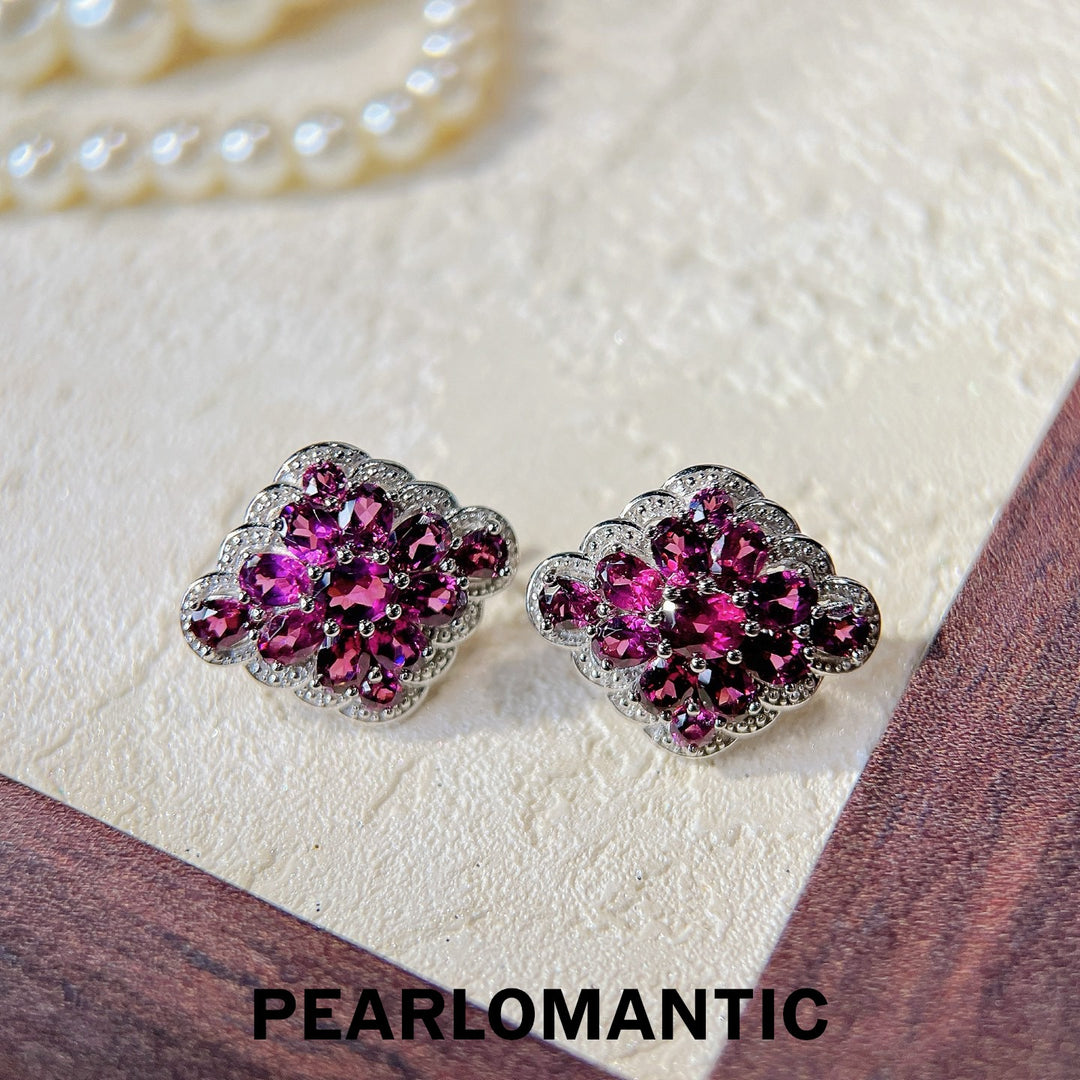 [Everyday Essnentials] Garnet Gem Floral Cluster S925 Silver Earring Studs