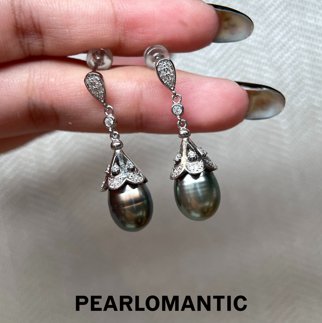 [618 Sale] Tahitian Black Baroque Pearl Flower Cap Drop Earrings