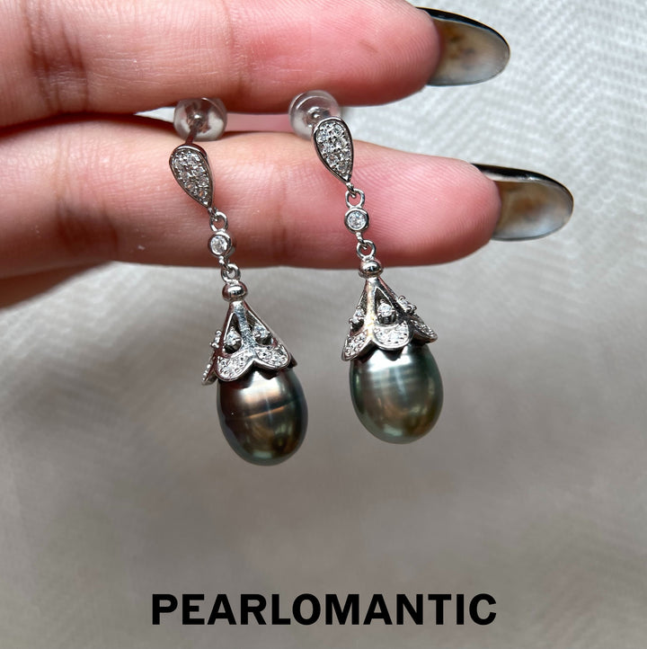 [618 Sale] Tahitian Black Baroque Pearl Flower Cap Drop Earrings