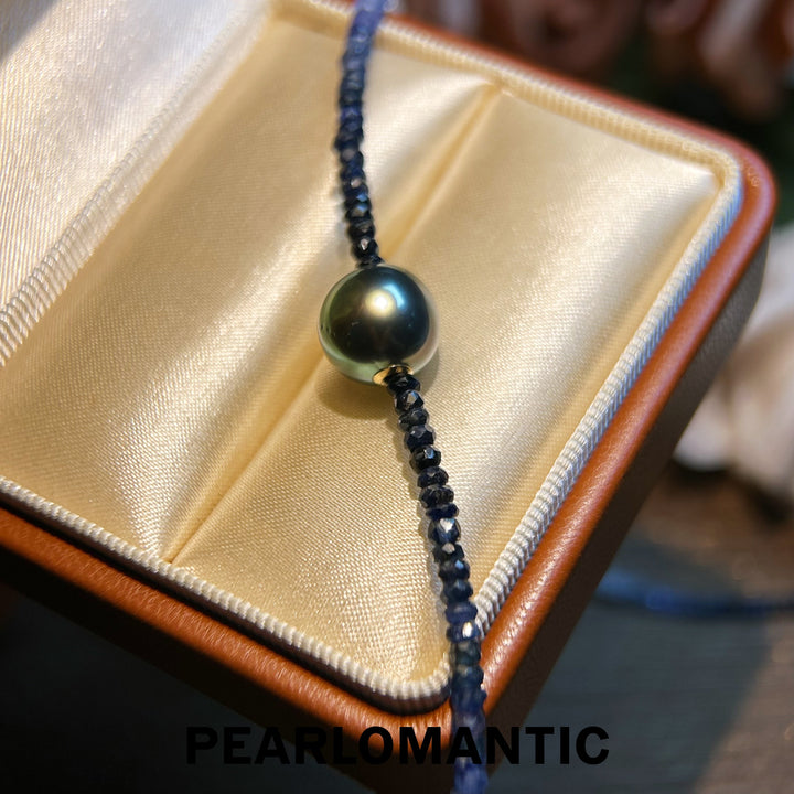 [Designer's Choice] Sapphire & Tahitian Black Pearl (4A+ Peacock Green) Adjustable Necklace