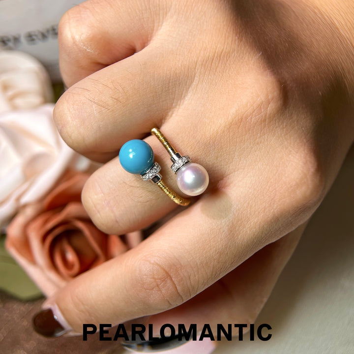 [Designer’s Choice] Ocean Duo 8–8.5mm Turquoise &amp; Akoya Pearl Gold-Plated Open Bangle