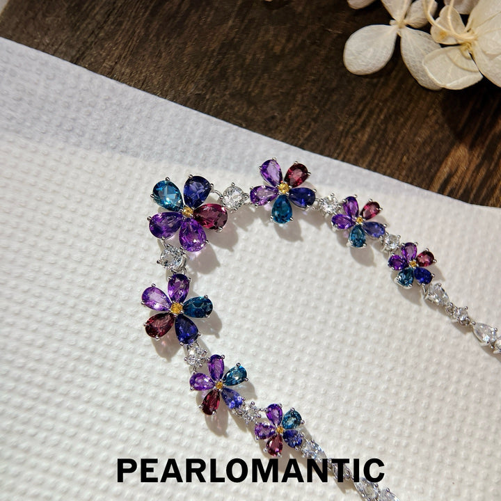 [Designer’s Choice] Rainbow Garden Natural Multi-Gemstone Floral Necklace in S925 Silver