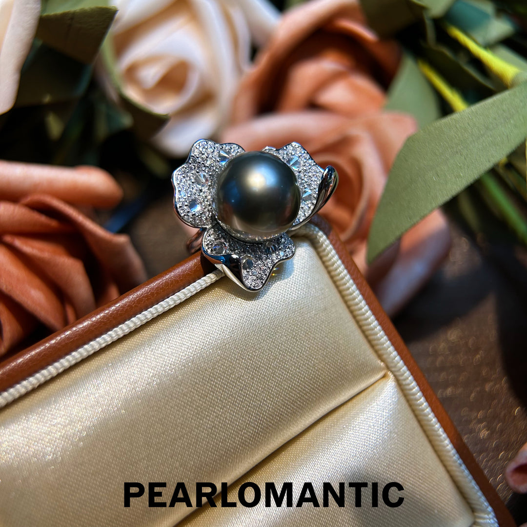 [Designer's Choice] Tahitian Black Pearl Midnight Bloom Adjustable Silver Ring