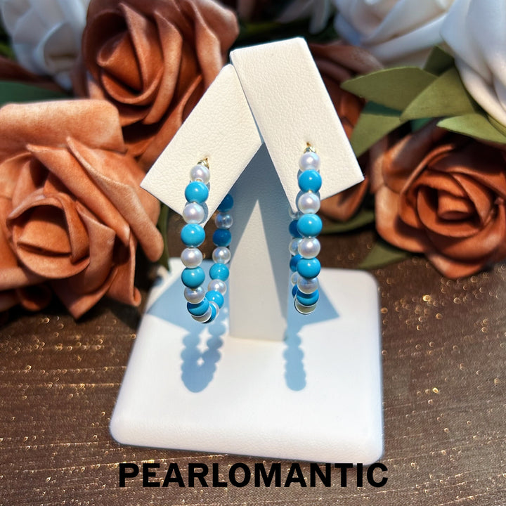 [Designer's Choice] Arizona Turquoise & Freshwater Pearl Ocean Bubble Earring Hoops