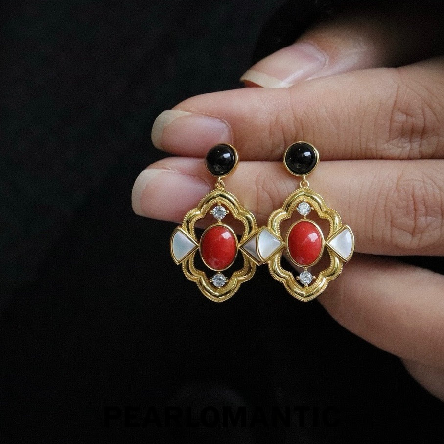 [Designer’s Choice] Coral Court Italian Coral Black Onyx MOP S925 Gold-Plated Earrings
