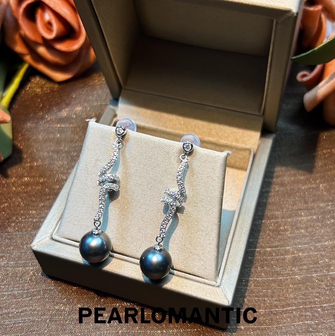[Designer's Chioce] Tahitian Black Pearl Dazzling Curved Drop Earrings w/ S925 Silver