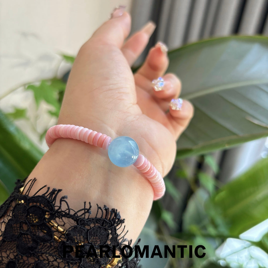 [Designer’s Choice] Blush Aqua Top-Level Conch Shell &amp; 14mm Aquamarine Bracelet