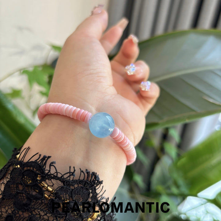 [Designer’s Choice] Blush Aqua Top-Level Conch Shell &amp; 14mm Aquamarine Bracelet