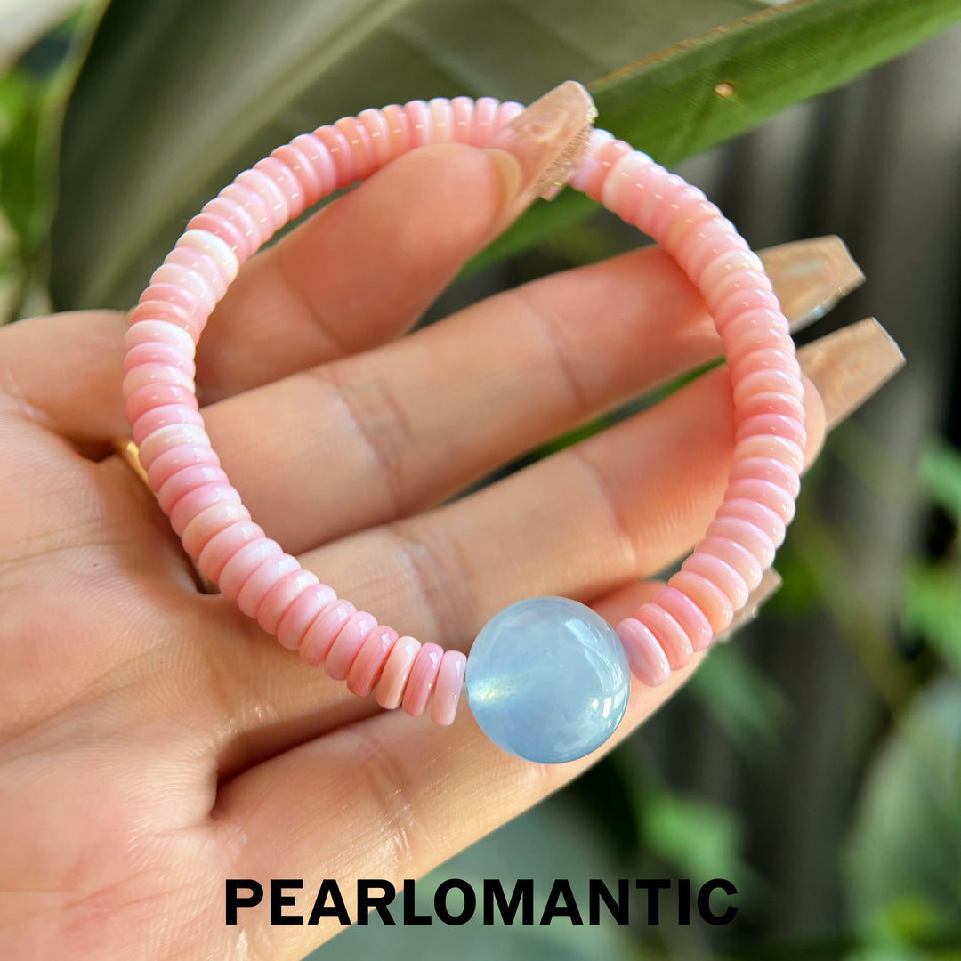 [Designer’s Choice] Blush Aqua Top-Level Conch Shell &amp; 14mm Aquamarine Bracelet