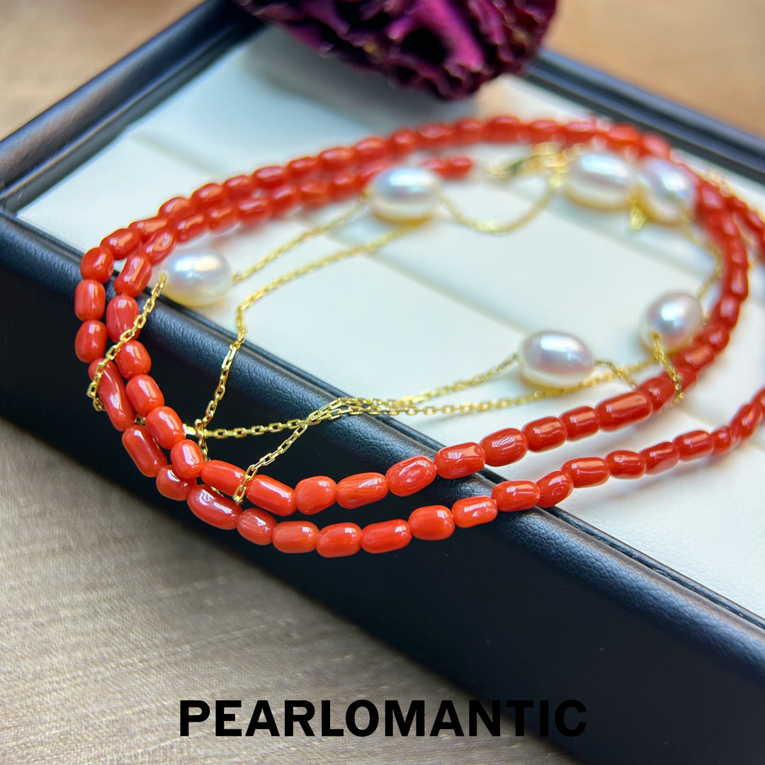 [Designer's Choice] Freshwater Pearl & Coral Multi-Sizes Double-Layer Necklaces w/ S925