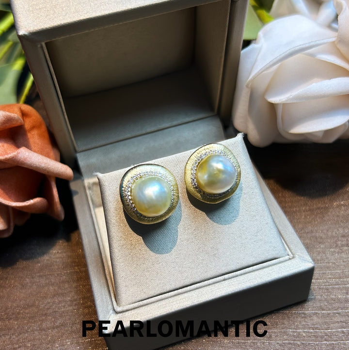 [Designer's Choice] Australian White Baroque Whisper of Gold Earring Studs w/ S925