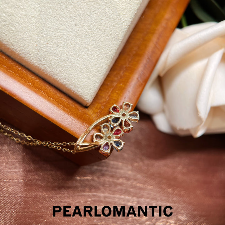 [Fine Jewelry] 18k Gold Multicolored Sapphires Glamour Blossom Pendants w/ Adjustable Chain