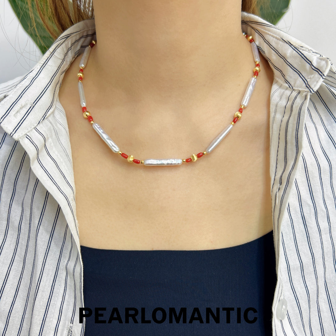 [Designer's Choice] Freshwater Pearl & Coral Scarlet Harmony Necklaces w/ S925 Silver
