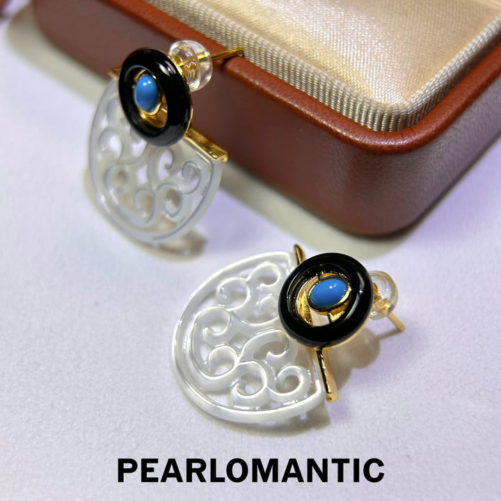 [618 Sale] Mother of Pearl Openwork Fan Earrings w/ Black Agate &amp; Turquoise