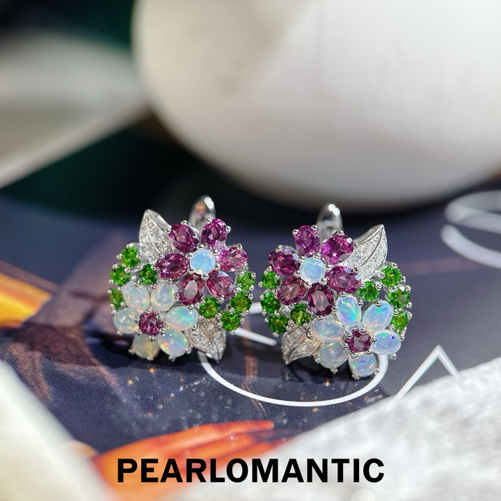 [Designer’s Choice] Antique Bloom Garnet Diopside &amp; Opal Floral Earrings