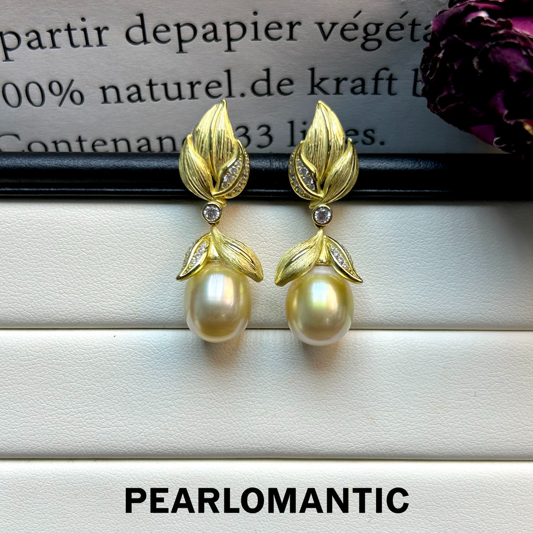 [Designer's Choice] South Sea Golden Pearl 11*13 Buccellati Style Earring Studs & S925 w/ Gold Plated