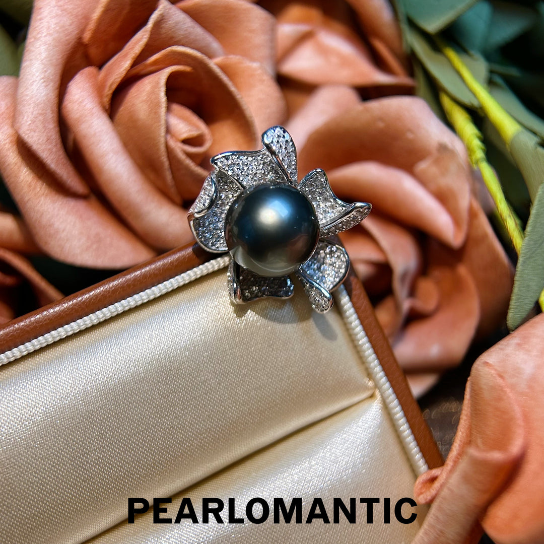 [Designer's Choice] Tahitian Black Pearl Floral Sparkle 12.5mm Adjustable Silver Ring