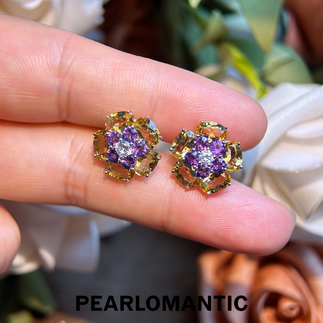 [Designer's Choice] Citrine & Amethyst Masterfully Made Italy S925 Floral Ear Studs