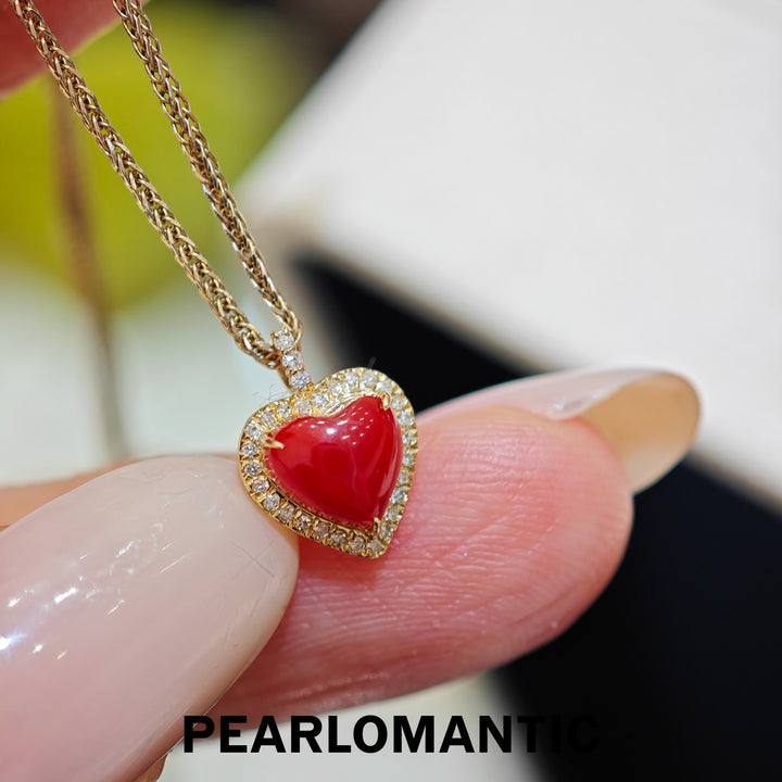 [Joyas finas] Colgante de oro de 18k con corazón de coral AKA y diamante "Llama Eterna"